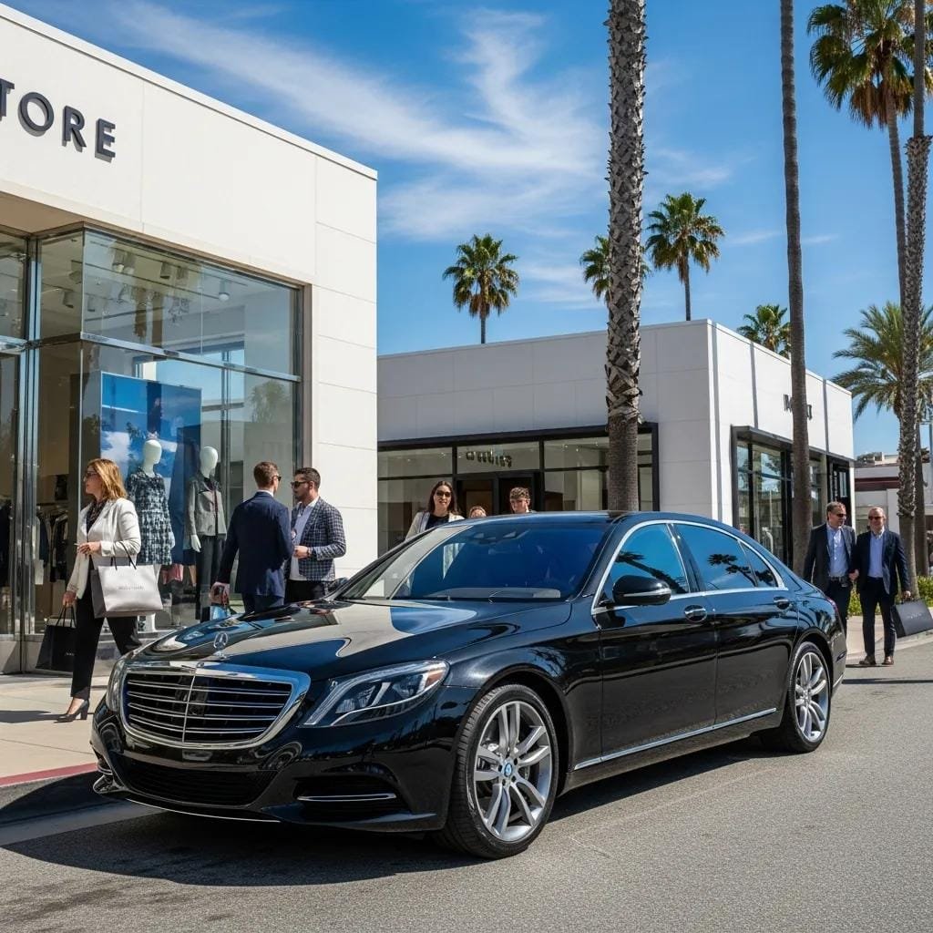 Luxury sedan in front of a boutique, highlighting upscale shopping experience in Orange County