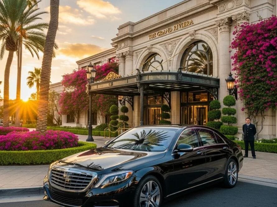 Luxury sedan in front of a high-end hotel representing premium transportation services in Orange County