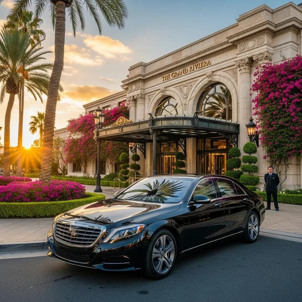 Luxury sedan in front of a high-end hotel representing premium transportation services in Orange County