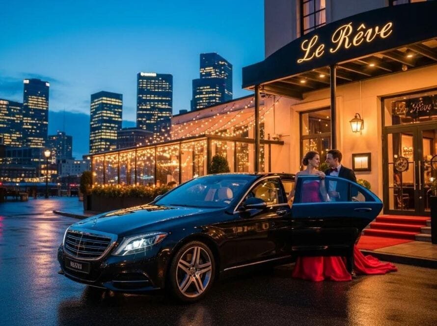 Luxury sedan in front of a romantic restaurant with a couple enjoying their anniversary