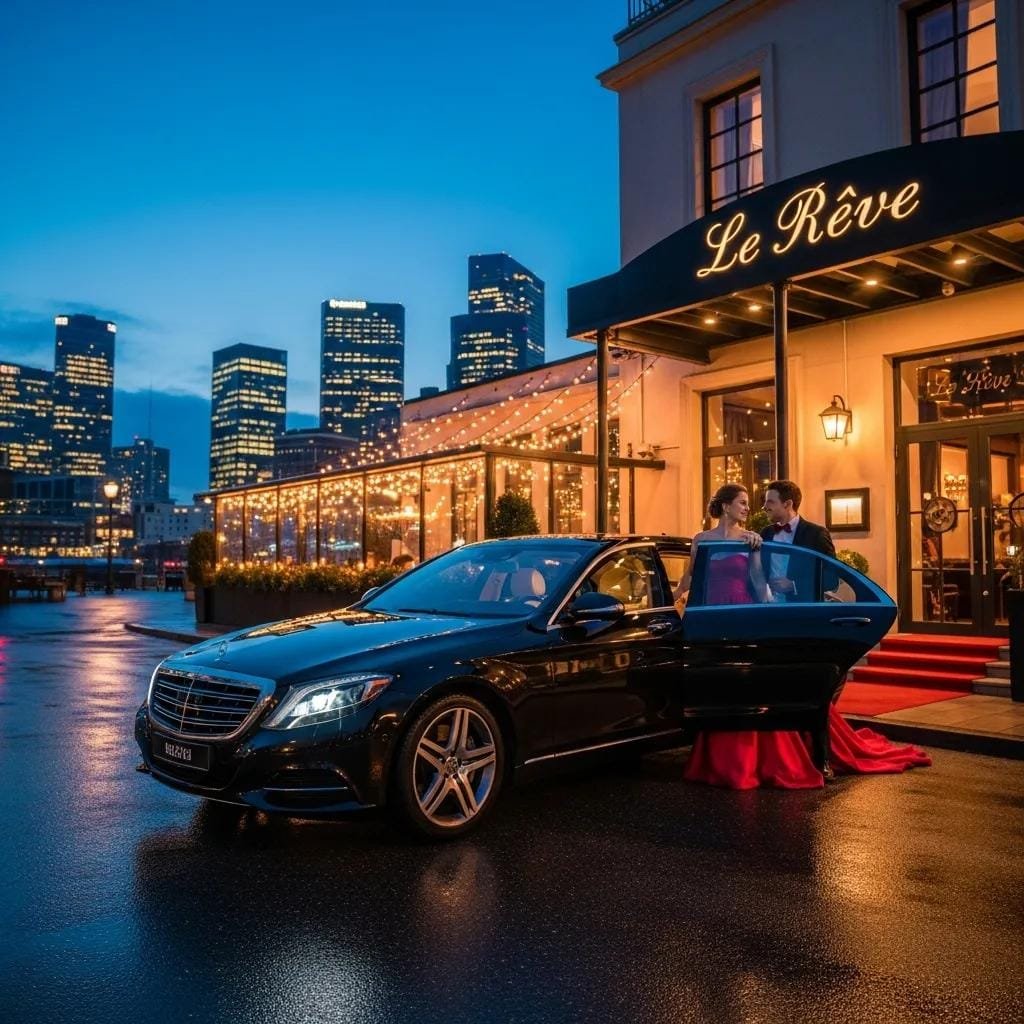Luxury sedan in front of a romantic restaurant with a couple enjoying their anniversary