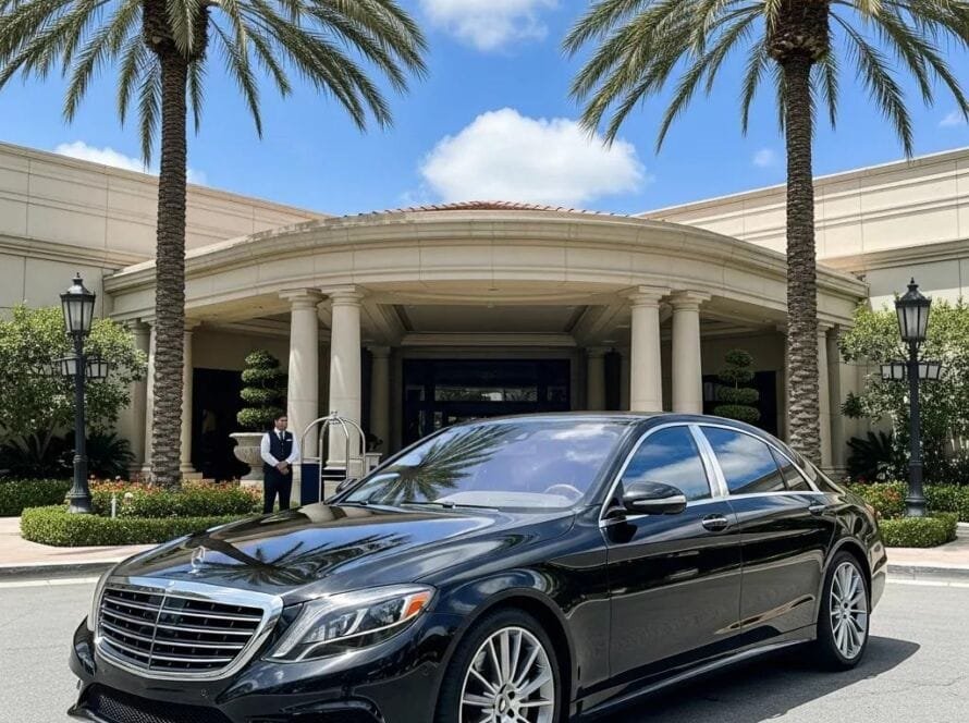 Luxury sedan parked in front of a high-end hotel in Orange County, representing premium transportation services
