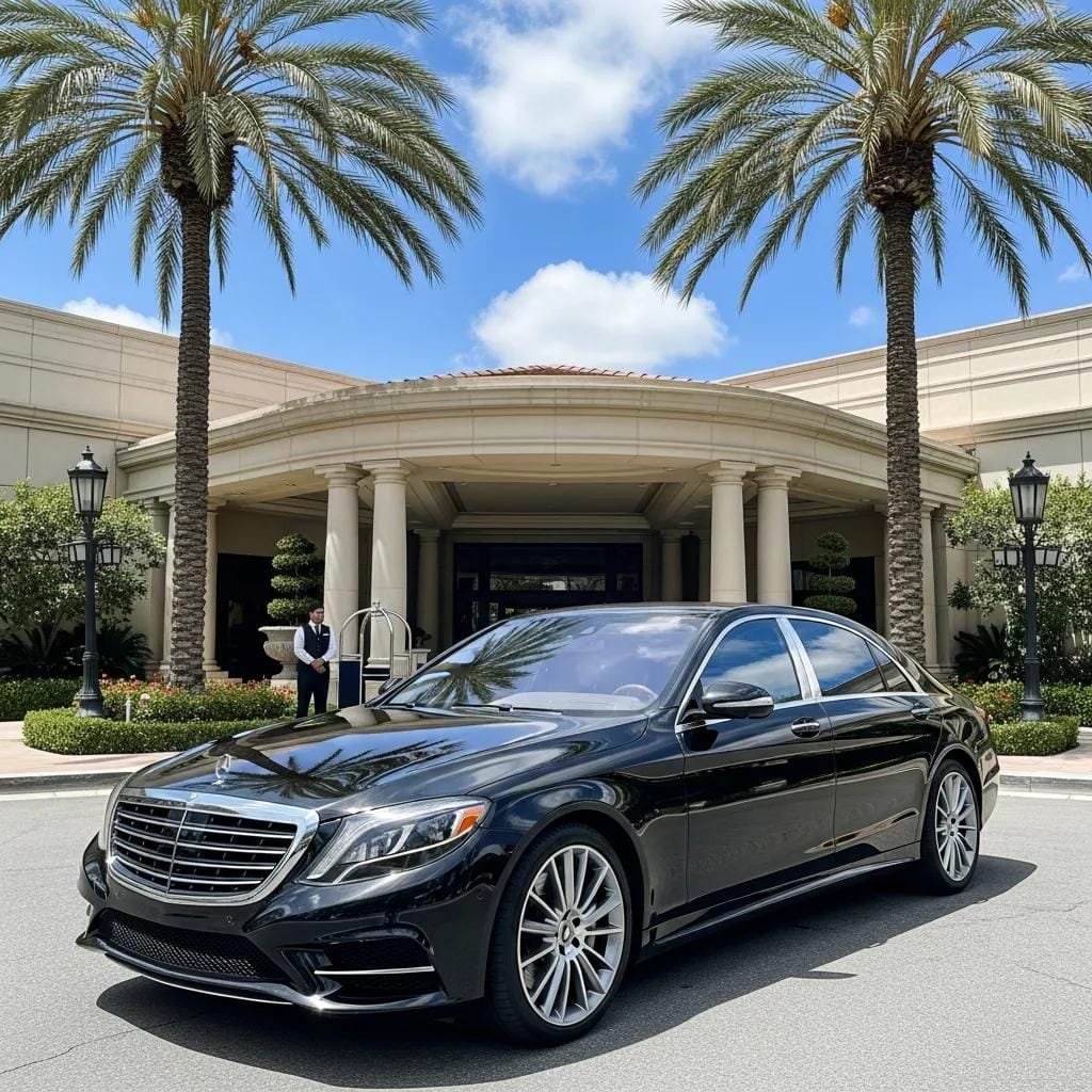 Luxury sedan parked in front of a high-end hotel in Orange County, representing premium transportation services