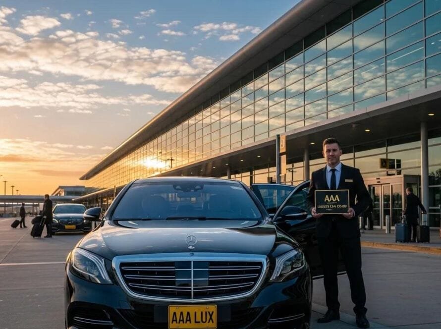 Luxury sedan with chauffeur at airport terminal representing premium car service