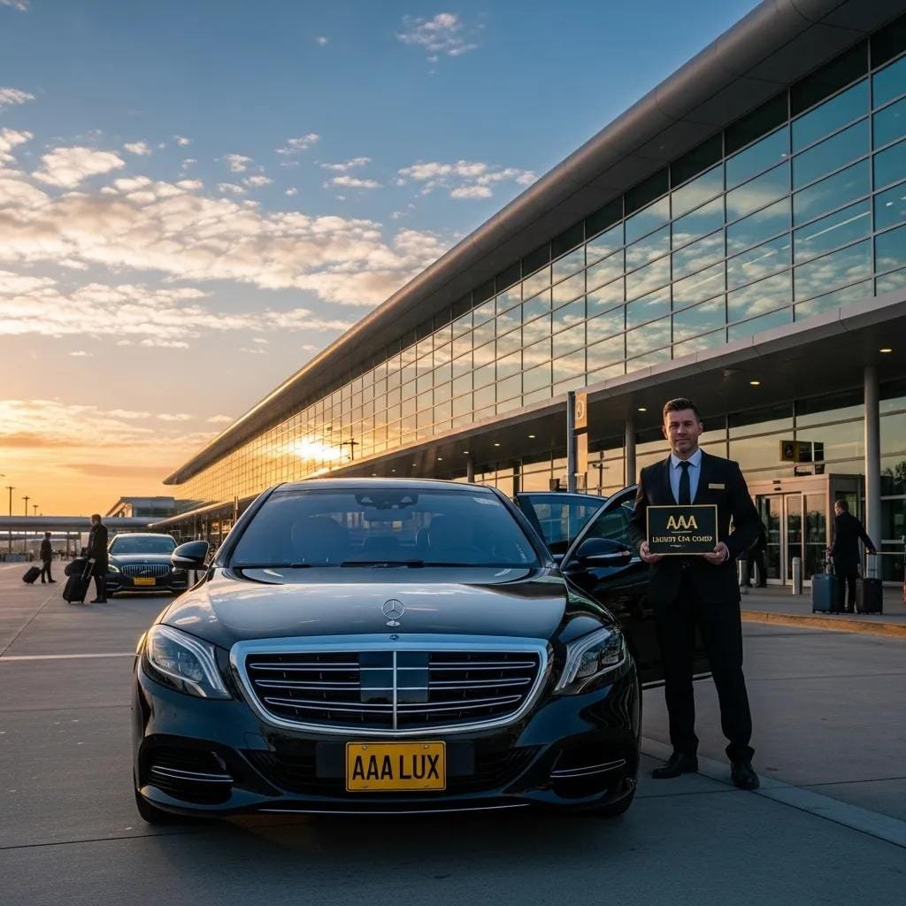 Luxury sedan with chauffeur at airport terminal representing premium car service