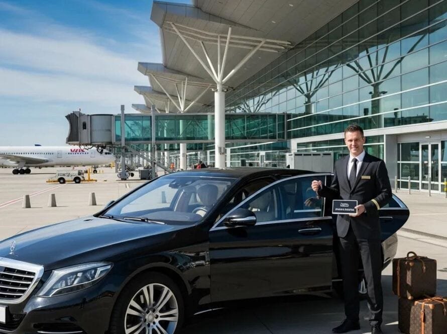 Luxury sedan with chauffeur at airport terminal representing premium transportation services