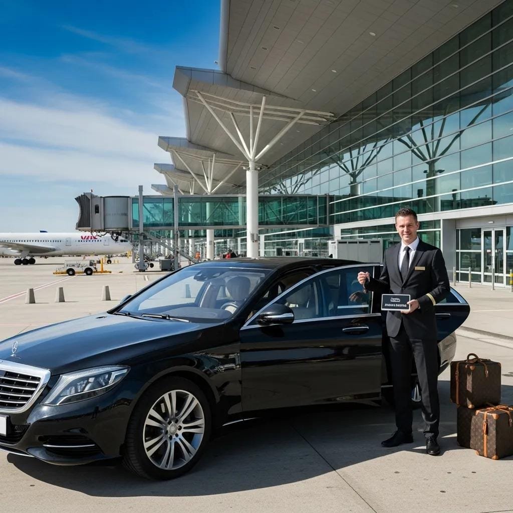Luxury sedan with chauffeur at airport terminal representing premium transportation services