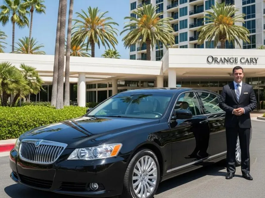Luxury sedan with chauffeur in front of a high-end hotel in Orange County