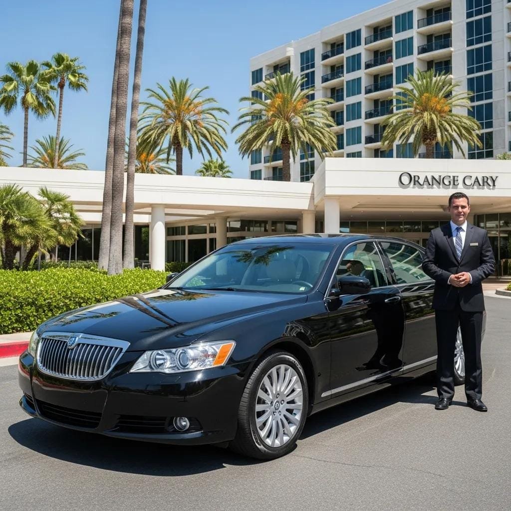 Luxury sedan with chauffeur in front of a high-end hotel in Orange County