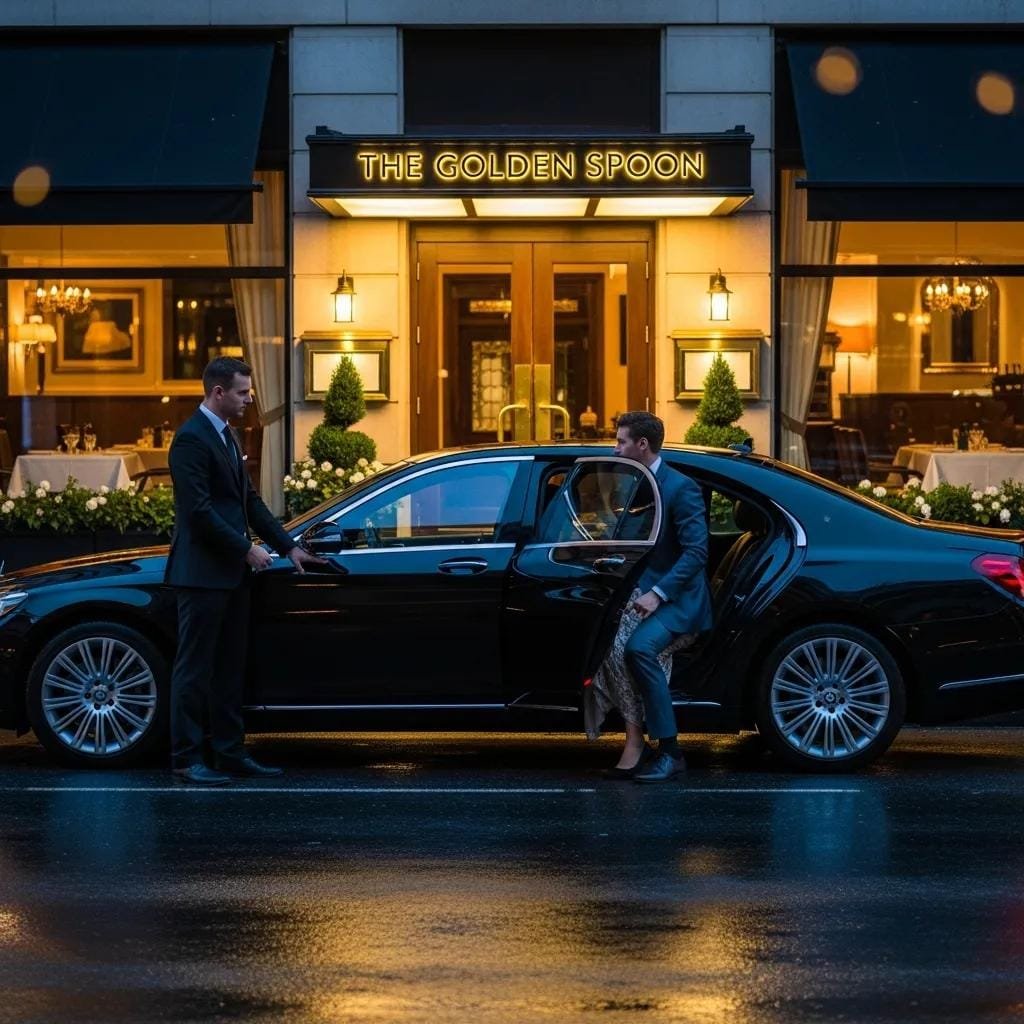 Chauffeured luxury sedan parked outside a fine dining restaurant, illustrating premium transportation for special evenings