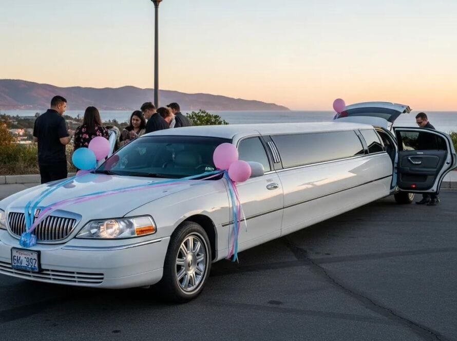 Luxury stretch limousine decorated for a gender reveal party in Orange County