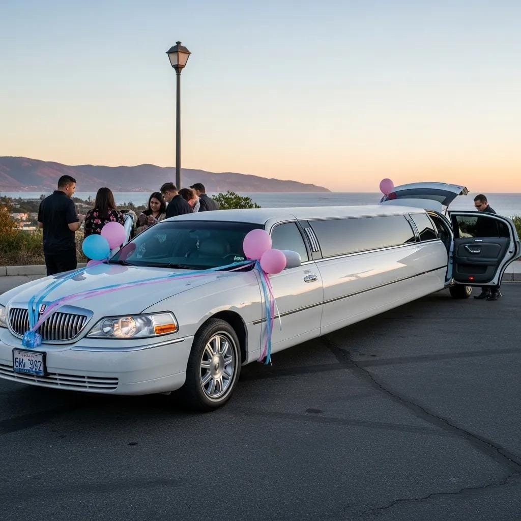 Luxury stretch limousine decorated for a gender reveal party in Orange County