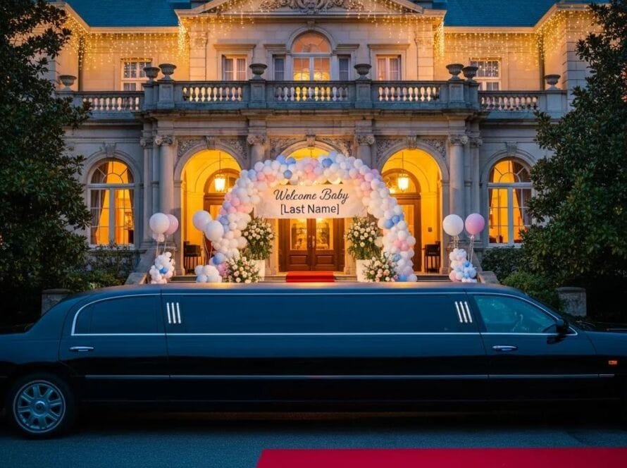Luxury stretch limousine outside a beautifully decorated venue for a baby shower