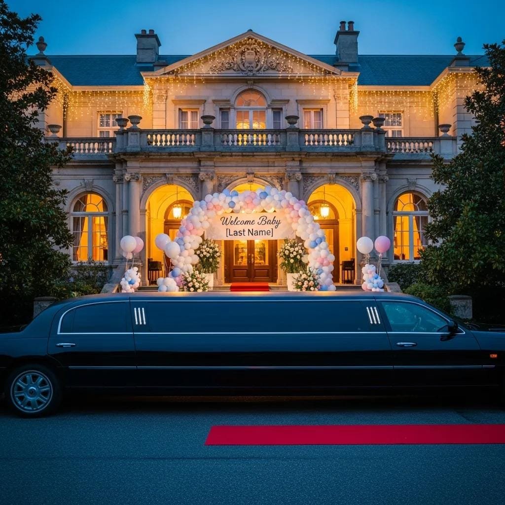 Luxury stretch limousine outside a beautifully decorated venue for a baby shower