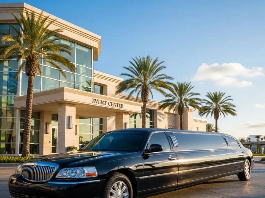 Luxury stretch limousine parked outside a high-end venue in Orange County
