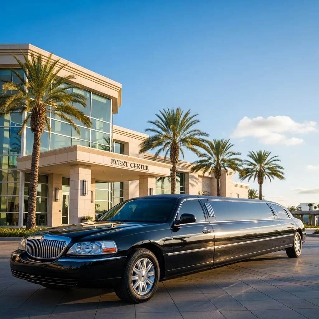 Luxury stretch limousine parked outside a high-end venue in Orange County