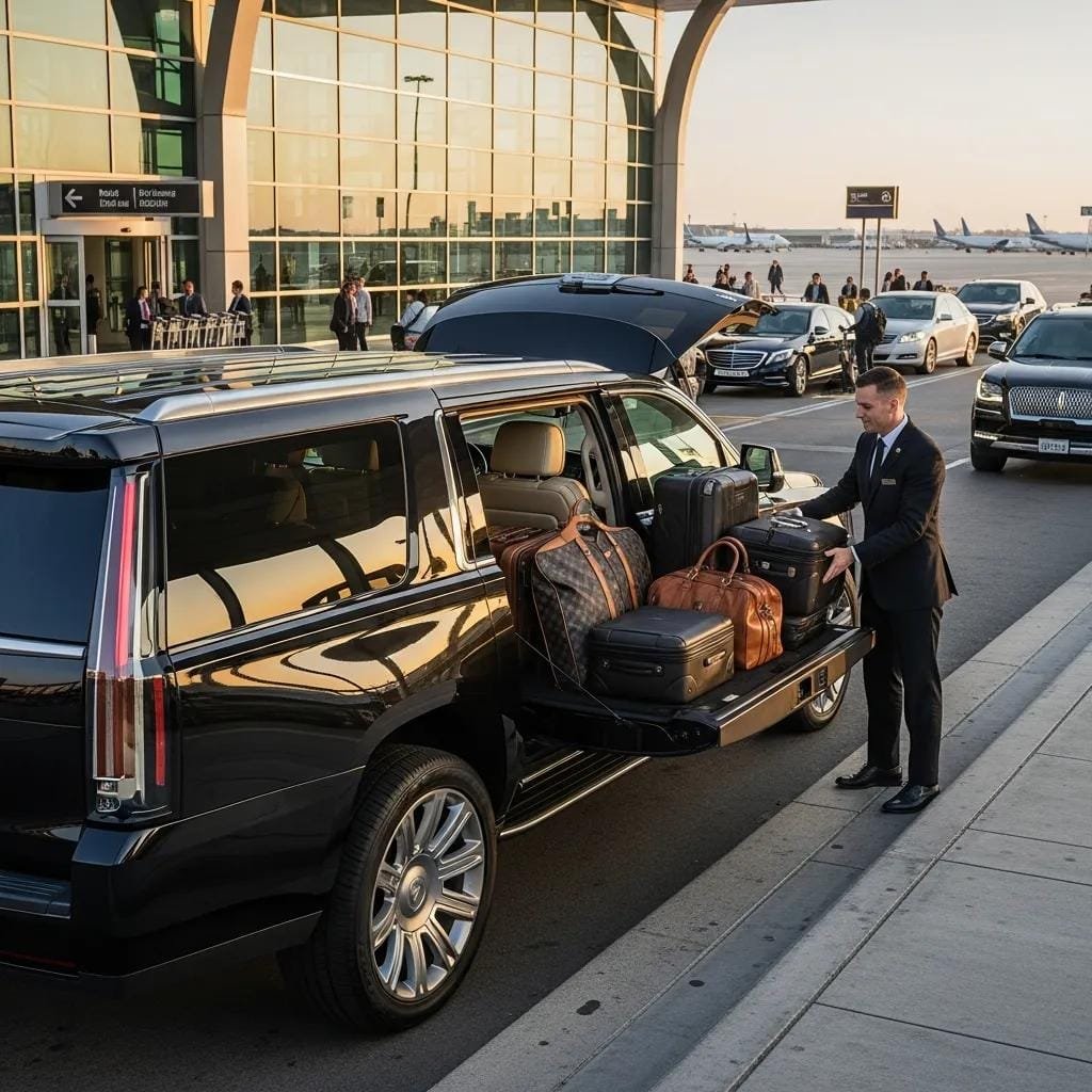 Luxury SUV at an airport terminal, highlighting features tailored for airport limo service