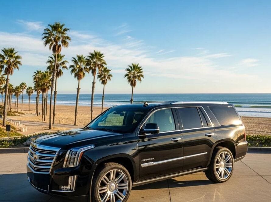 Luxury SUV in Orange County beach setting, representing premium car service for tourists
