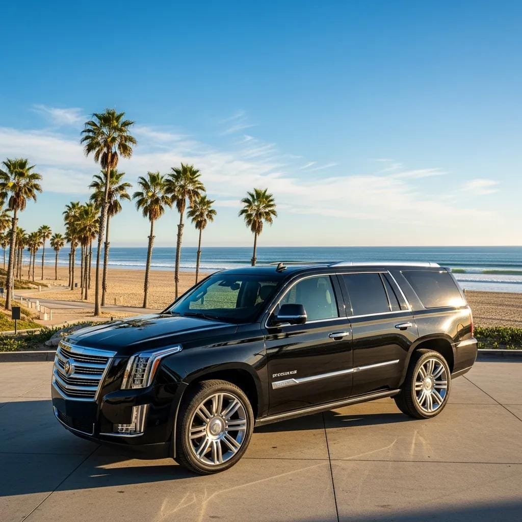 Luxury SUV in Orange County beach setting, representing premium car service for tourists