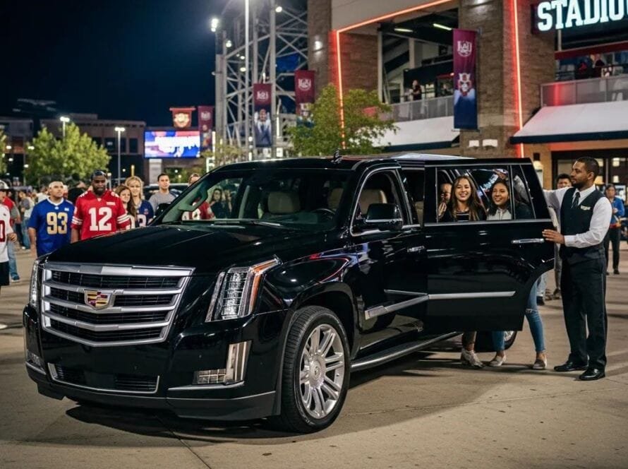 Luxury SUV outside a sporting venue with a chauffeur assisting passengers