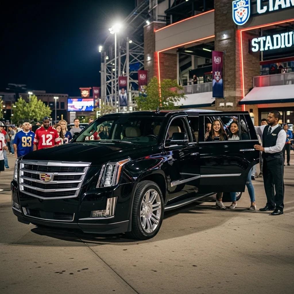 Luxury SUV outside a sporting venue with a chauffeur assisting passengers