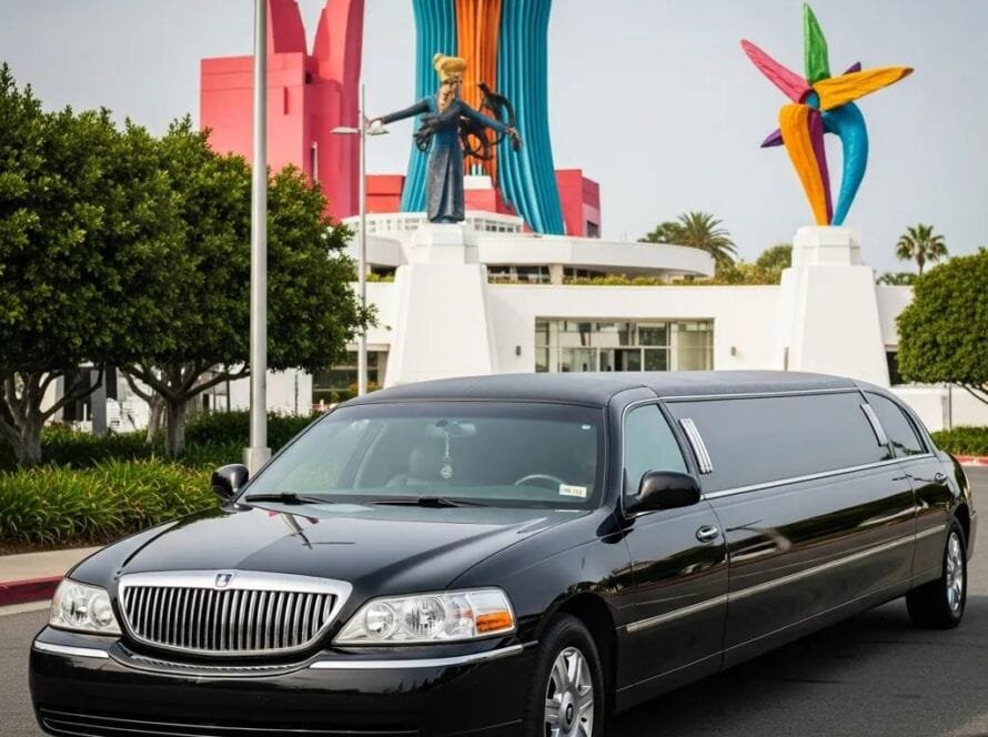Luxury transportation vehicle in front of a cultural attraction in Orange County