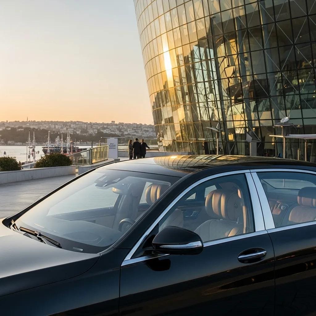 Luxury vehicle in an elegant setting, representing high-end travel options