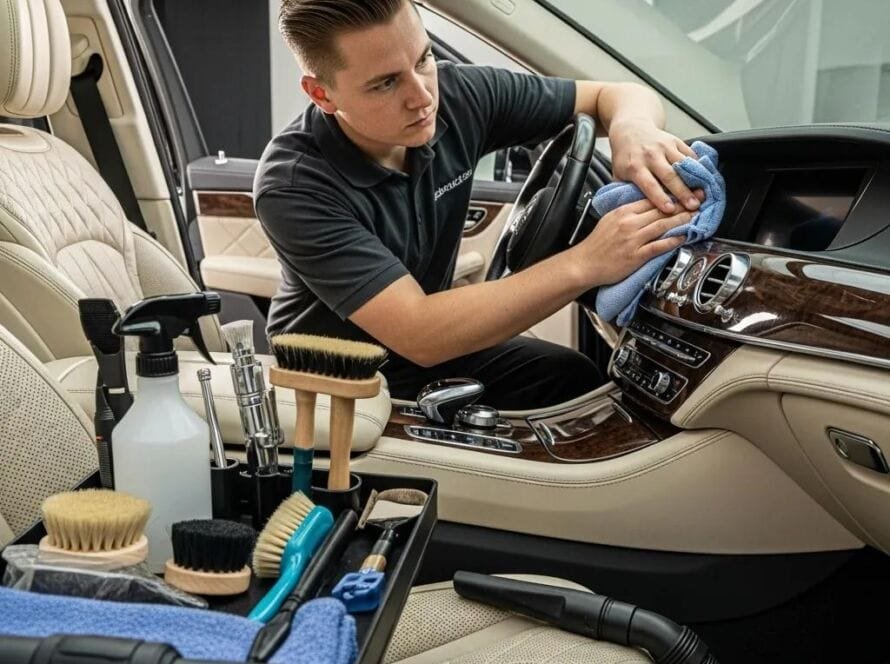 Luxury vehicle interior being cleaned, highlighting high-end detailing and hygiene standards