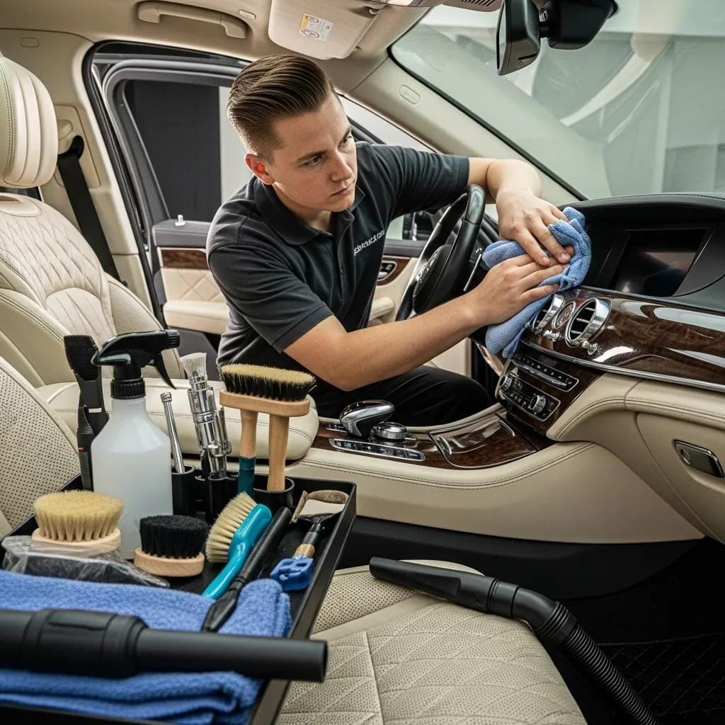 Luxury vehicle interior being cleaned, highlighting high-end detailing and hygiene standards