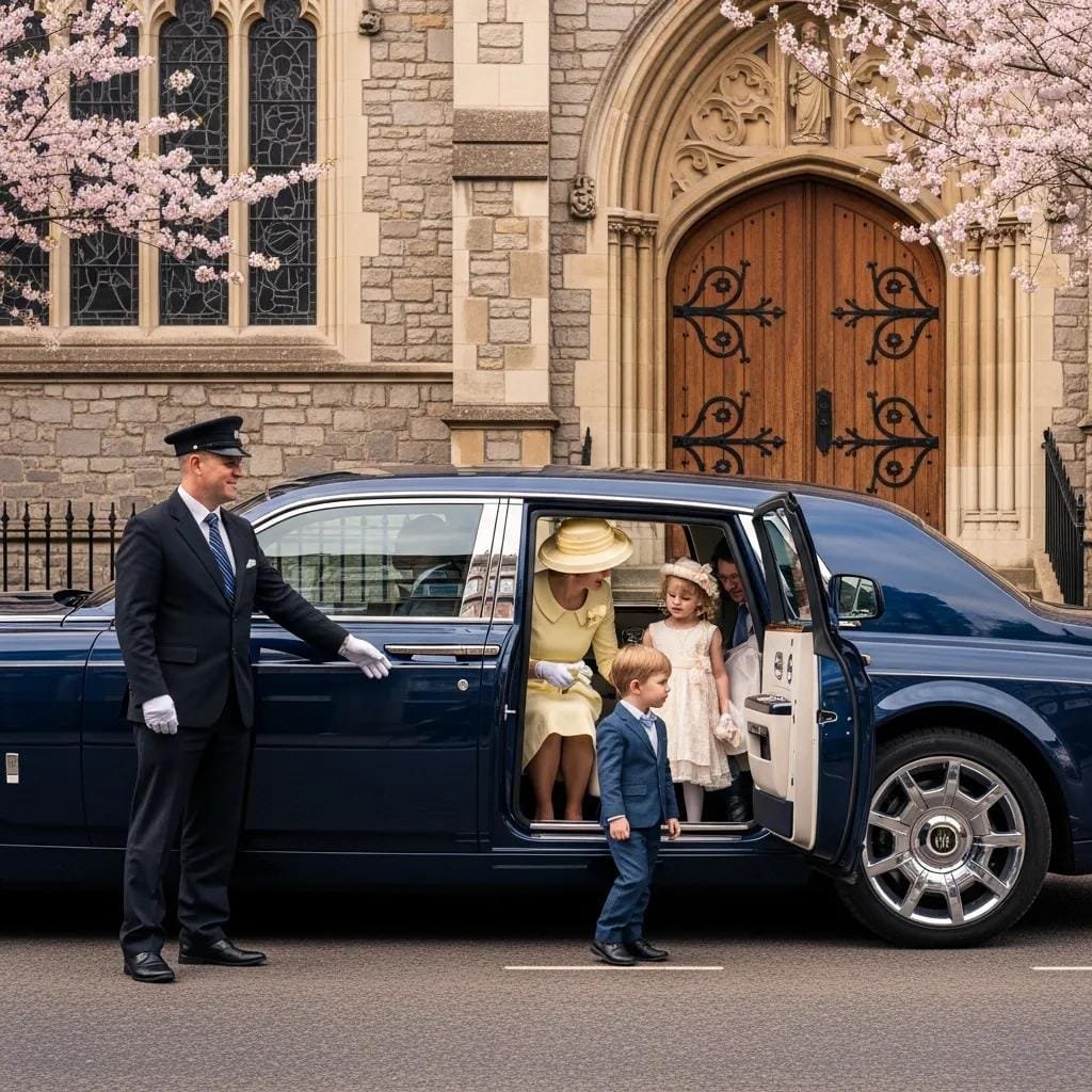 Luxury vehicle parked outside a church, offering quiet and discreet arrival