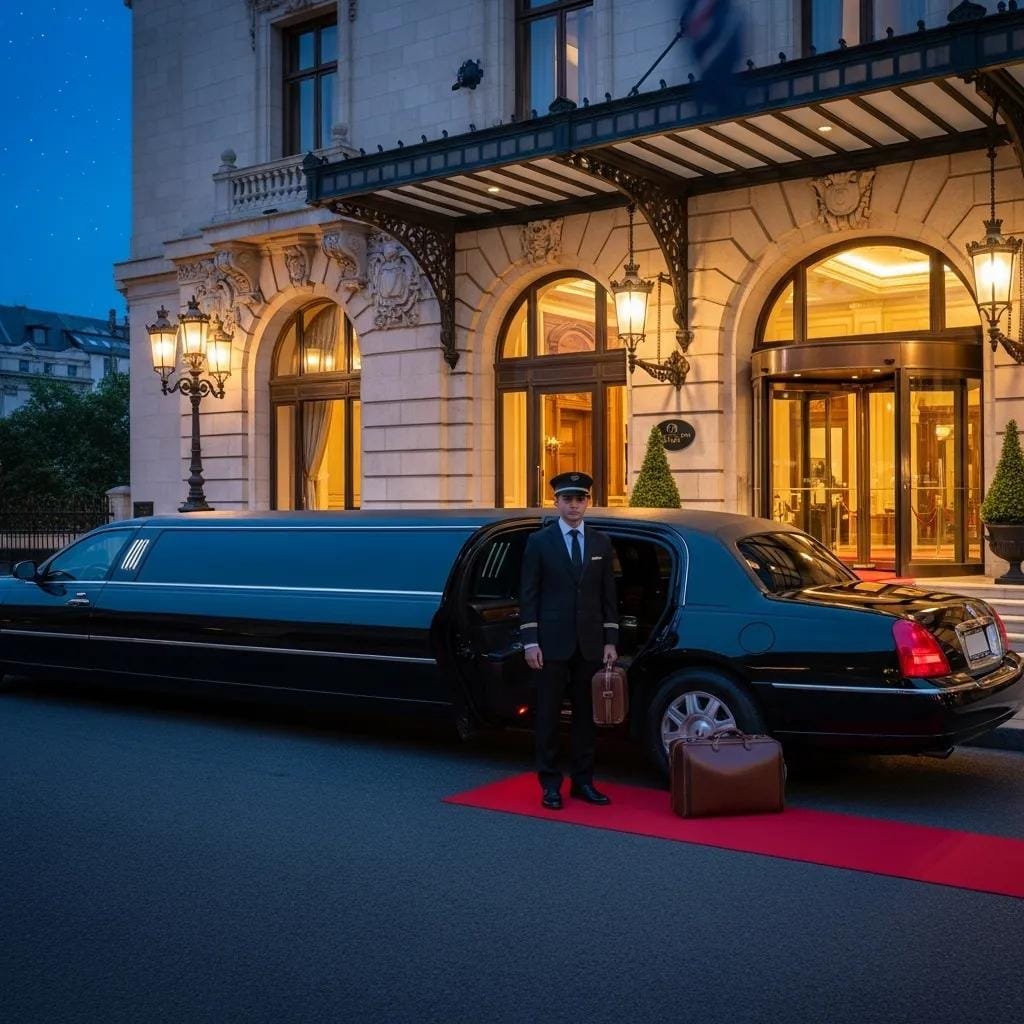 Chauffeured luxury vehicle waiting outside an upscale Orange County hotel