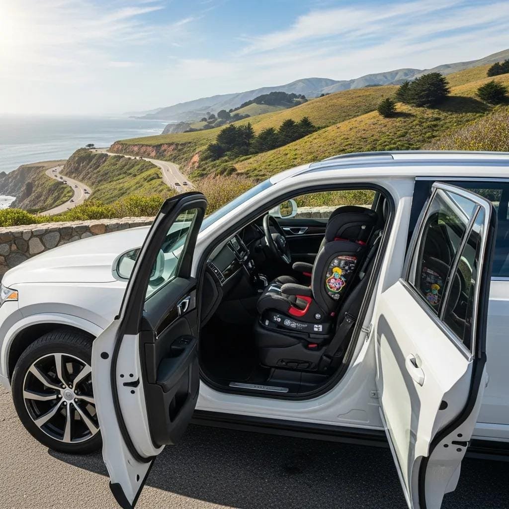 Luxury vehicle interior showing a child safety seat, illustrating California safety requirements