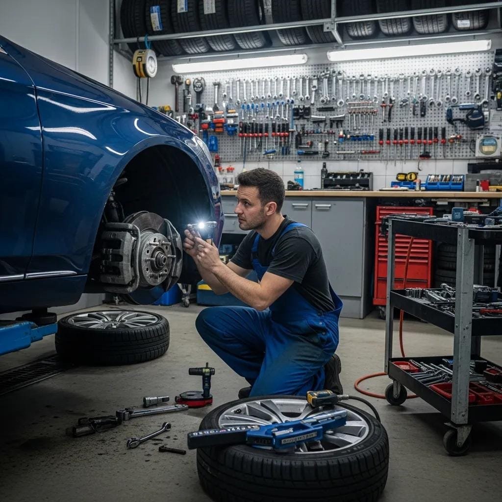 Technician inspecting brakes, tires, and critical components of a luxury vehicle for safety