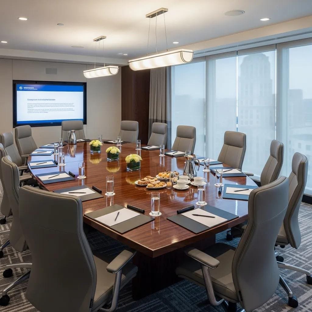 Contemporary hotel conference room set up for a business meeting in Orange County