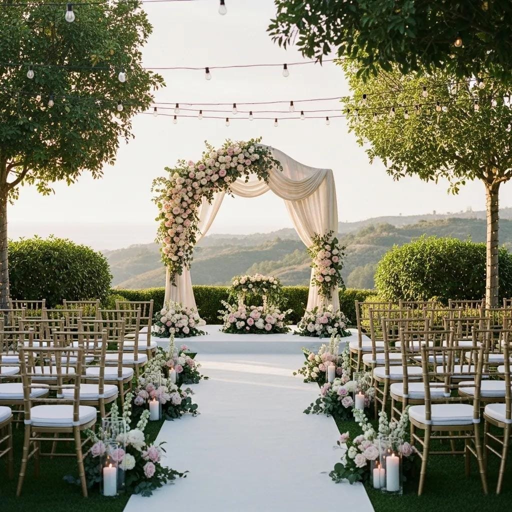 Outdoor wedding at a luxury Orange County venue — elegant florals and seaside ceremony