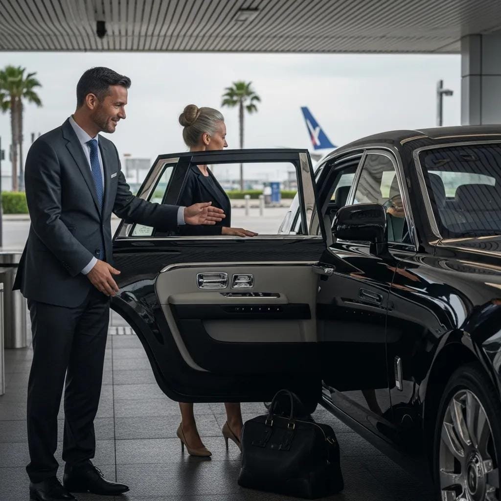 Chauffeur assisting a guest at an airport terminal, illustrating attentive transfer service