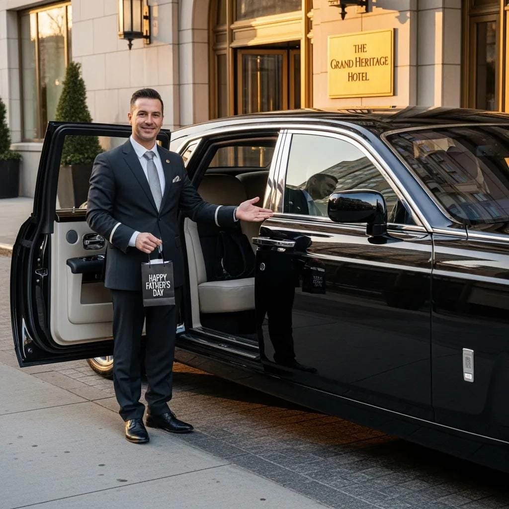 Professional chauffeur standing by a luxury limousine — premium Father's Day transportation service