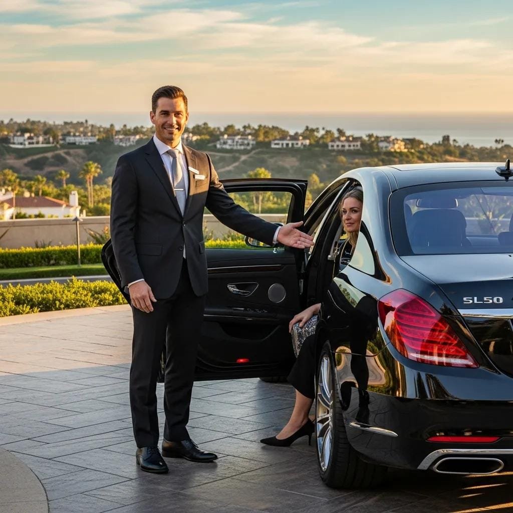Well-dressed chauffeur standing beside a luxury vehicle, ready to serve
