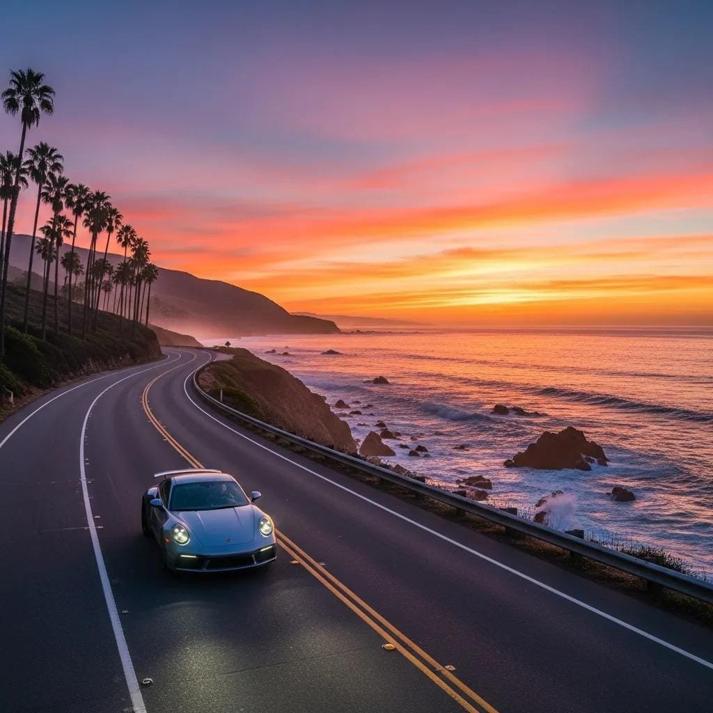 Scenic view of the Pacific Coast Highway at sunset with a luxury car, ideal for romantic drives