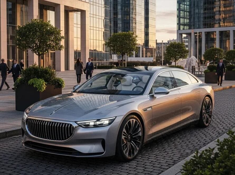Sleek electric luxury car in an upscale urban setting, highlighting modern design and eco-friendly features