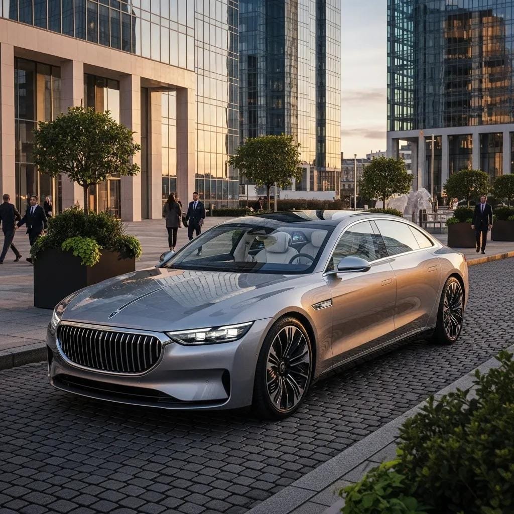 Sleek electric luxury car in an upscale urban setting, highlighting modern design and eco-friendly features