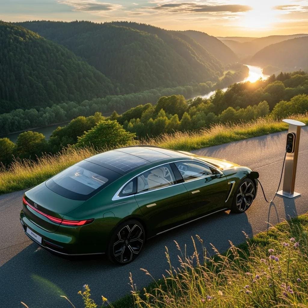 Electric luxury sedan on a scenic road, highlighting eco-friendly design and quiet performance