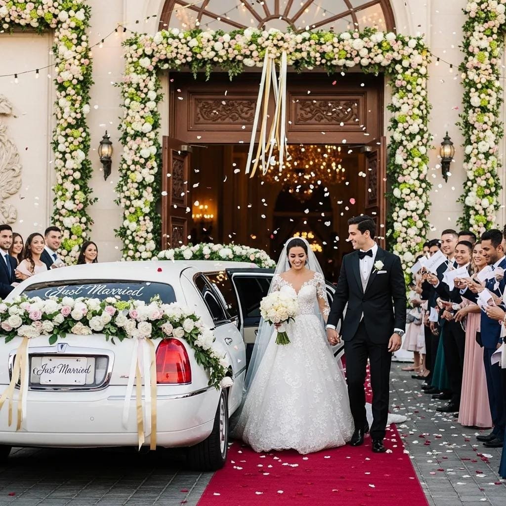 Stretch limousine arriving at a wedding venue with bride and groom stepping out