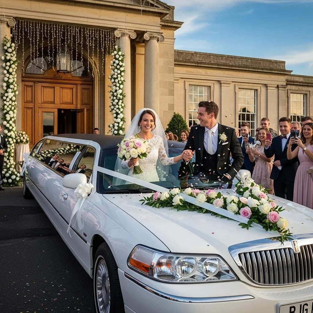 Stretch limousine at a wedding venue — luxury transportation for special events