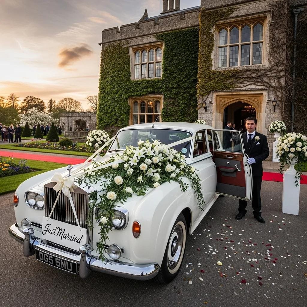 Wedding car with floral decor and chauffeur at a venue — elegant event transportation
