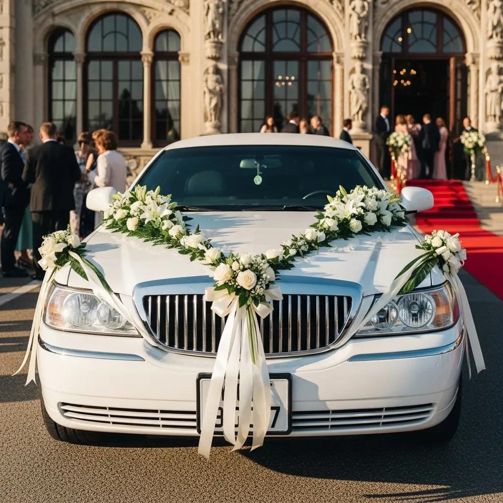White limousine adorned for a wedding — classic luxury transportation for special events